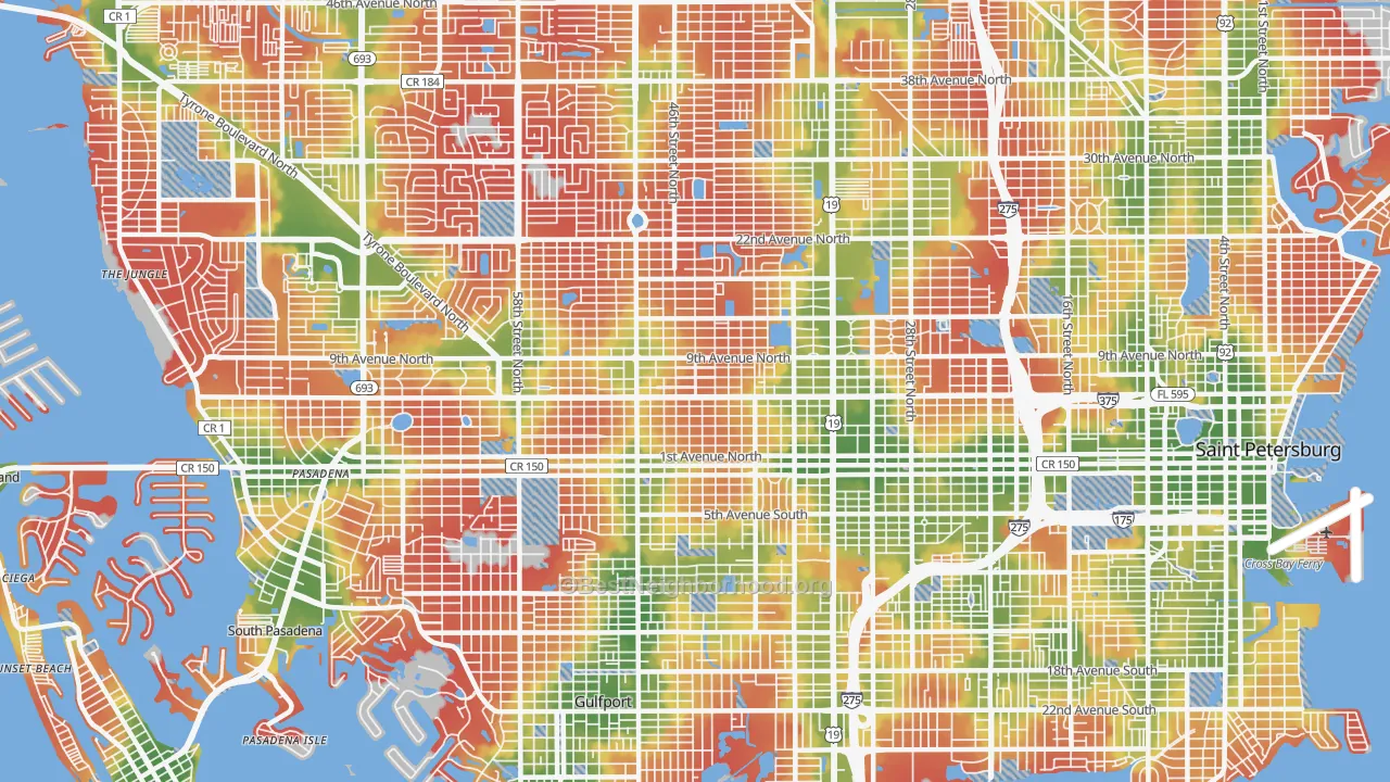 Walk Grade map of Central Oak Park, St. Petersburg, FL, walkable areas in green and car-dependent areas in red