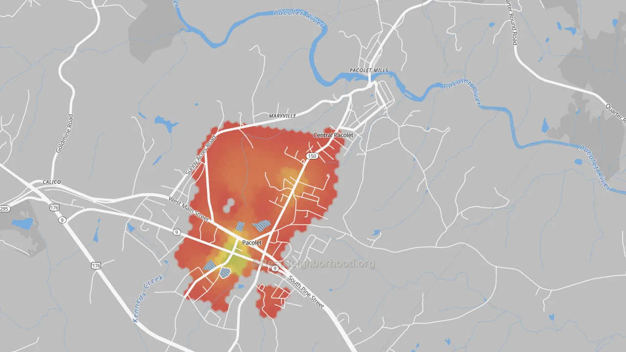 Walk Grade map of Central Pacolet, SC, walkable areas in green and car-dependent areas in red