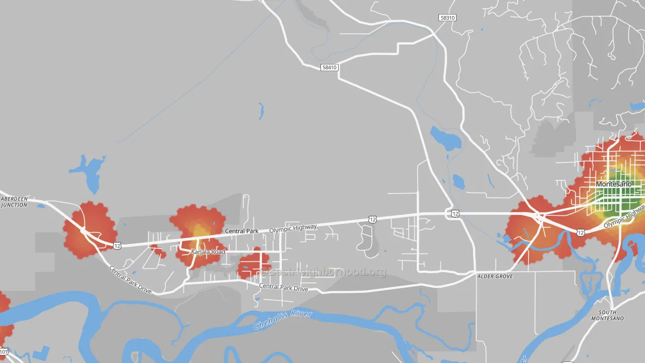 Walk Grade map of Central Park, WA, walkable areas in green and car-dependent areas in red