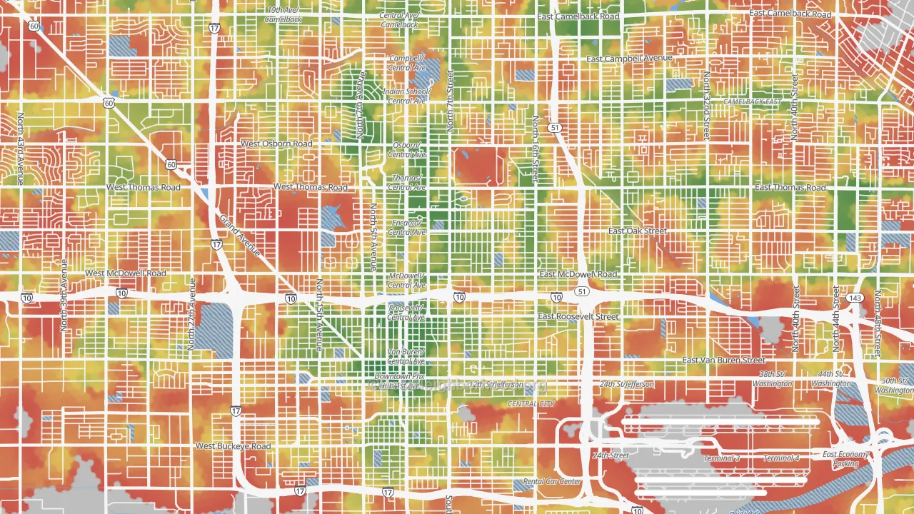 Walk Grade map of Central Phoenix, Phoenix, AZ, walkable areas in green and car-dependent areas in red