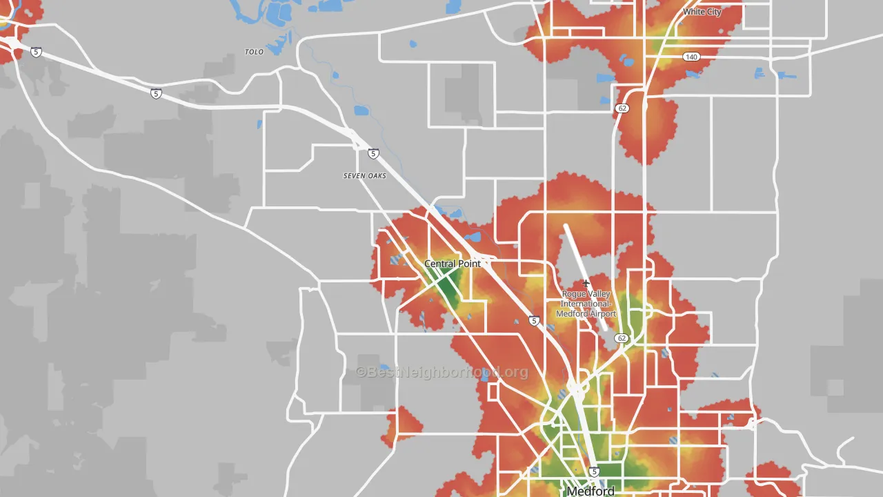Walk Grade map of Central Point, OR, walkable areas in green and car-dependent areas in red