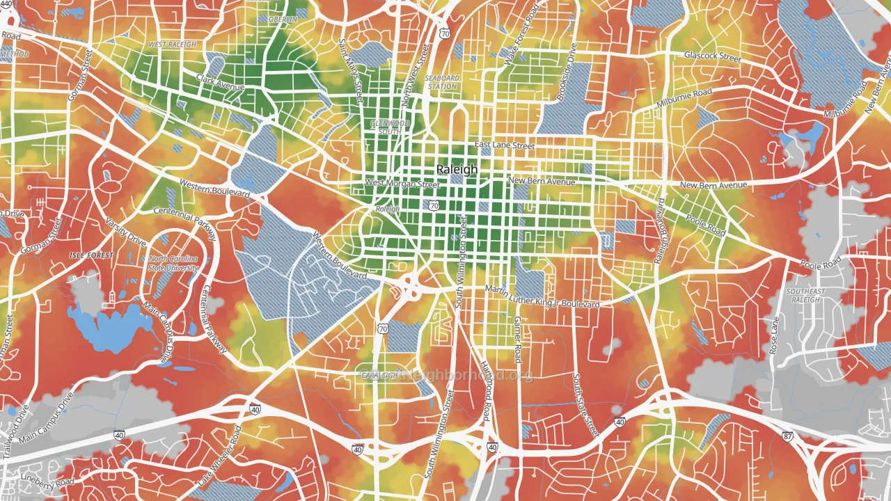 Walk Grade map of Central, Raleigh, NC, walkable areas in green and car-dependent areas in red