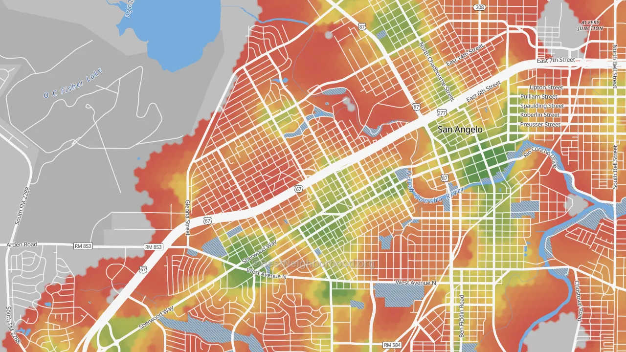 Walk Grade map of Central, San Angelo, TX, walkable areas in green and car-dependent areas in red