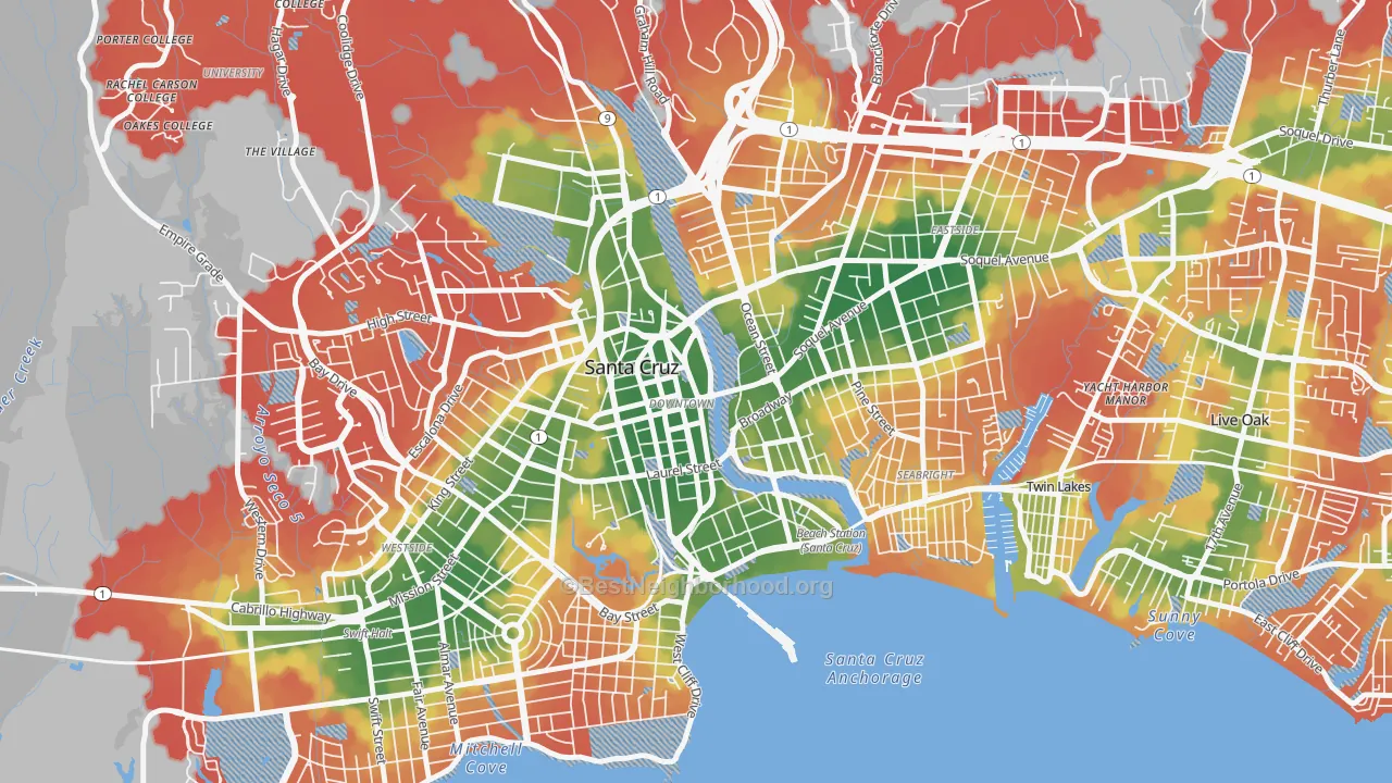 Walk Grade map of Central Santa Cruz, Santa Cruz, CA, walkable areas in green and car-dependent areas in red