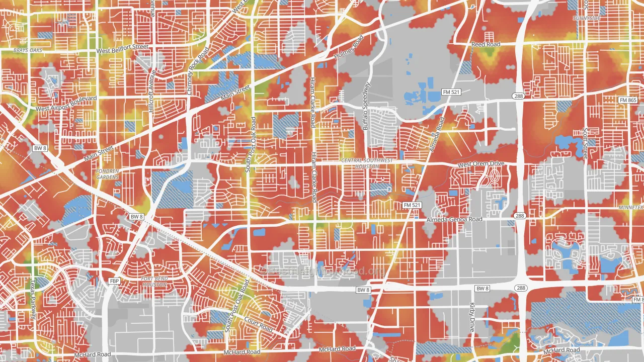 Walk Grade map of Central Southwest, Houston, TX, walkable areas in green and car-dependent areas in red