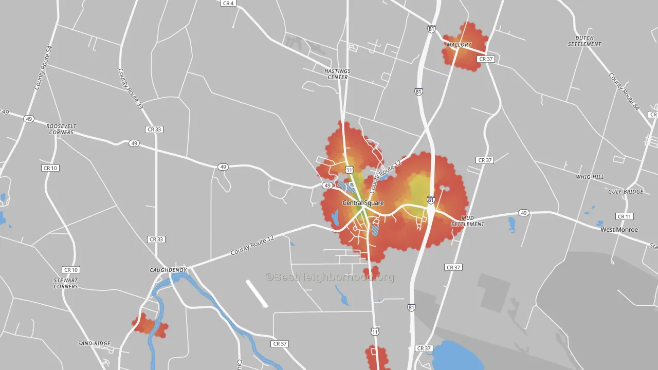 Walk Grade map of Central Square, NY, walkable areas in green and car-dependent areas in red