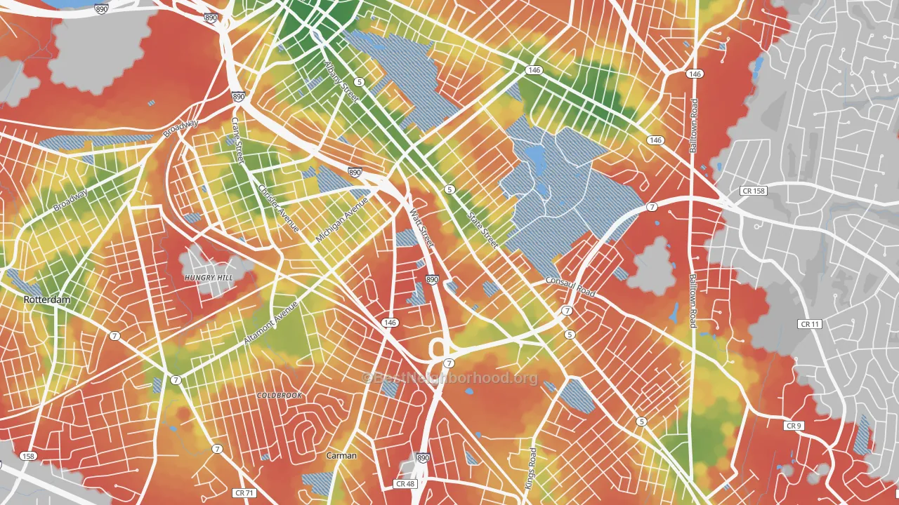 Walk Grade map of Central State, Schenectady, NY, walkable areas in green and car-dependent areas in red