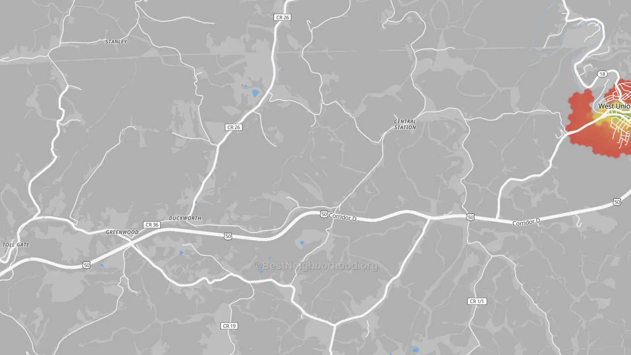 Walk Grade map of Central Station, WV, walkable areas in green and car-dependent areas in red