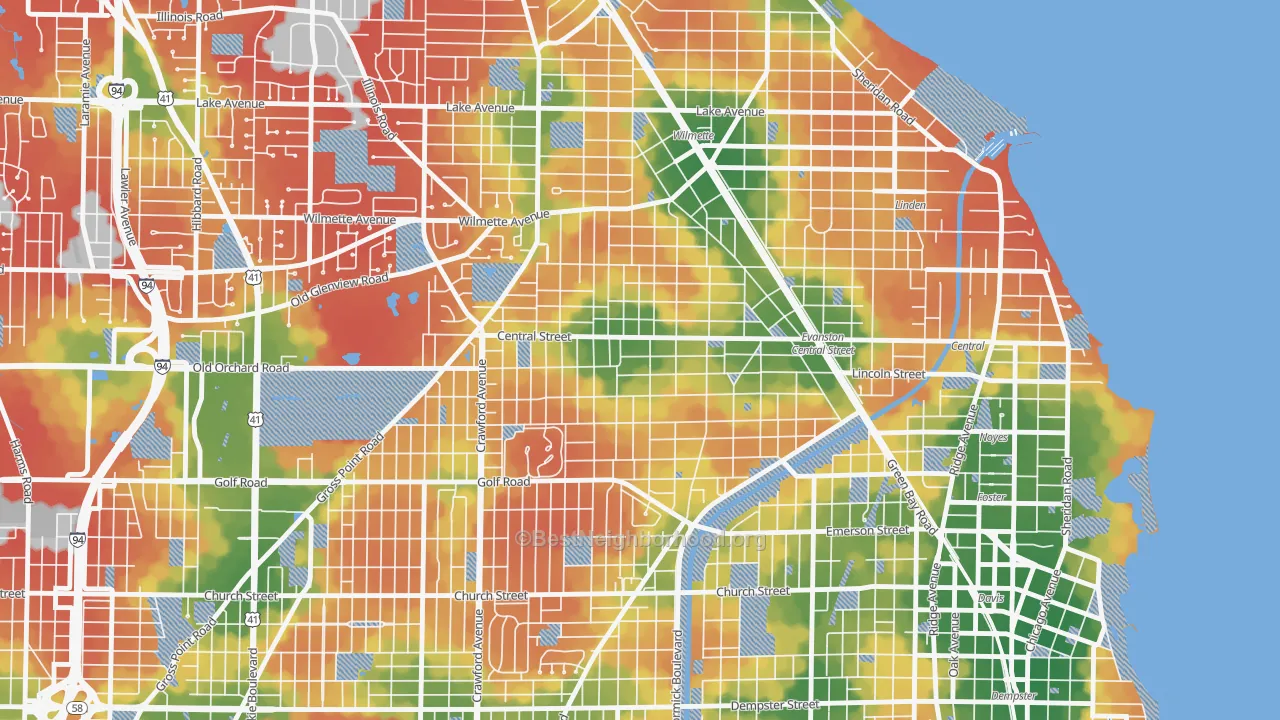 Walk Grade map of Central Street Merchant District, Evanston, IL, walkable areas in green and car-dependent areas in red