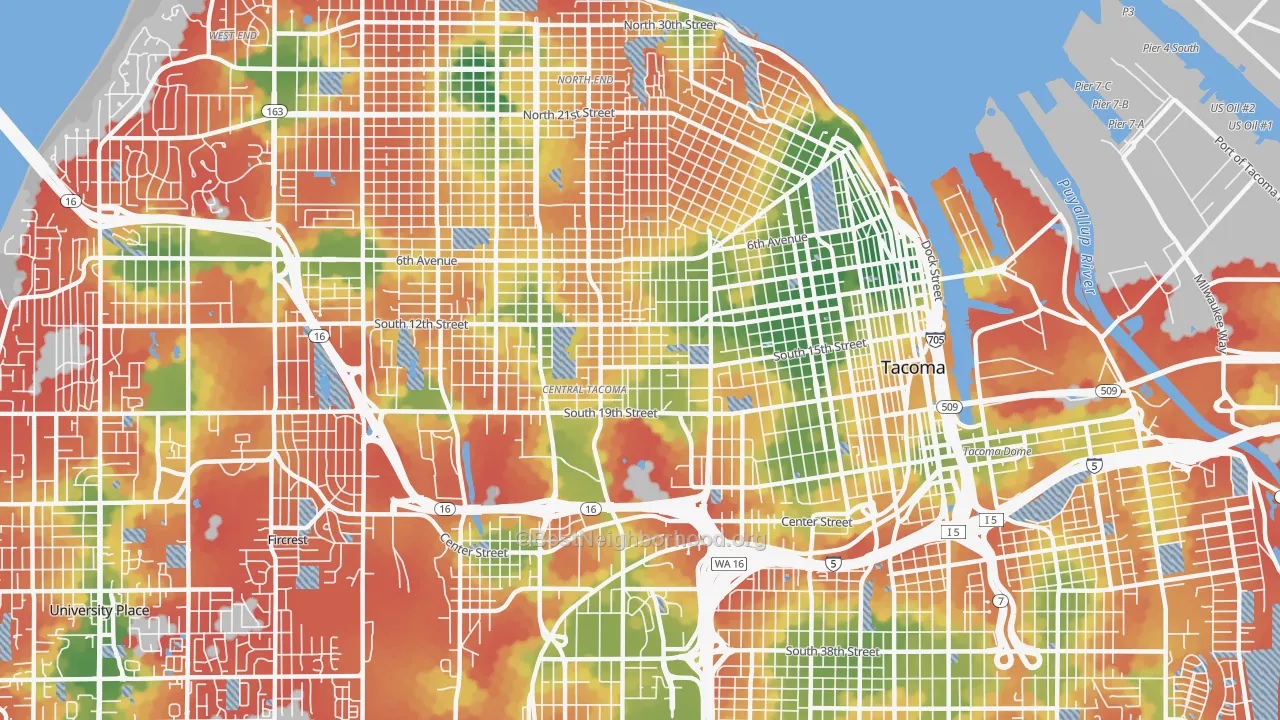 Walk Grade map of Central, Tacoma, WA, walkable areas in green and car-dependent areas in red