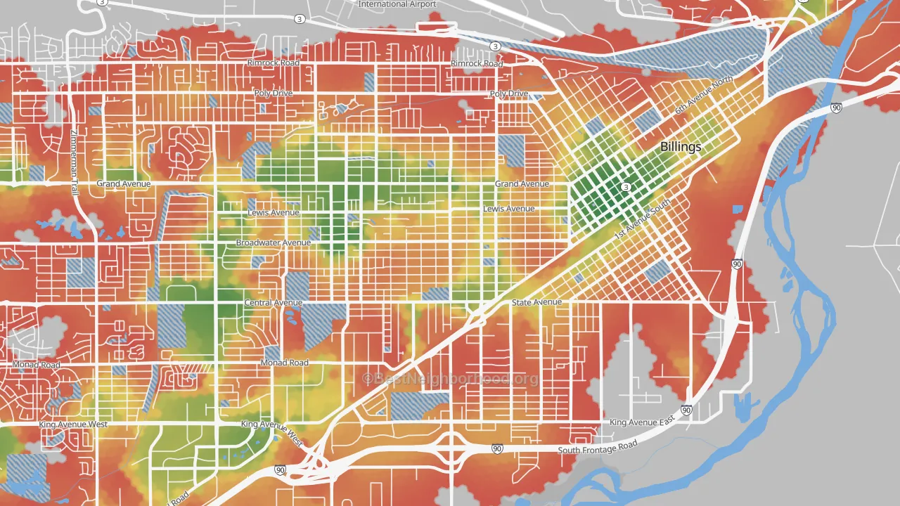 Walk Grade map of Central Terry, Billings, MT, walkable areas in green and car-dependent areas in red