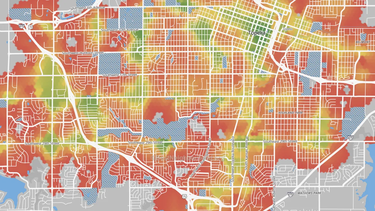 Walk Grade map of Central Topeka 2, Topeka, KS, walkable areas in green and car-dependent areas in red