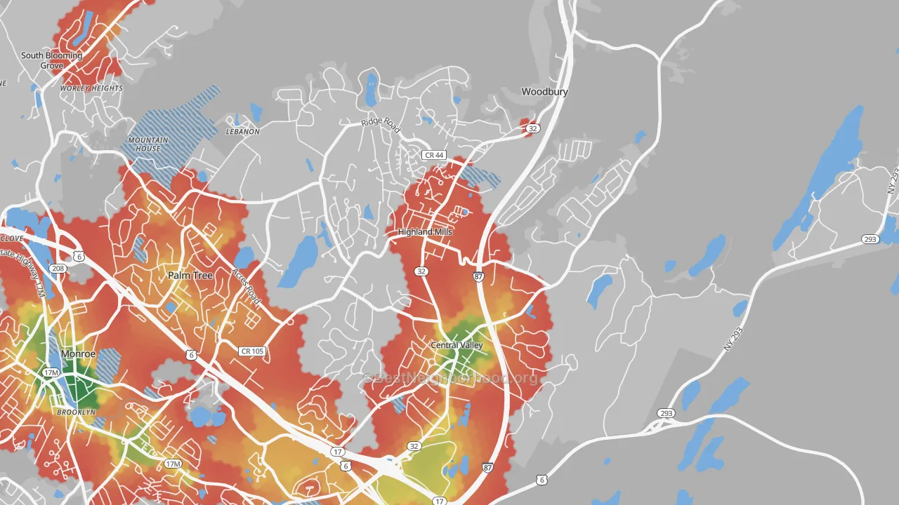Walk Grade map of Central Valley, NY, walkable areas in green and car-dependent areas in red