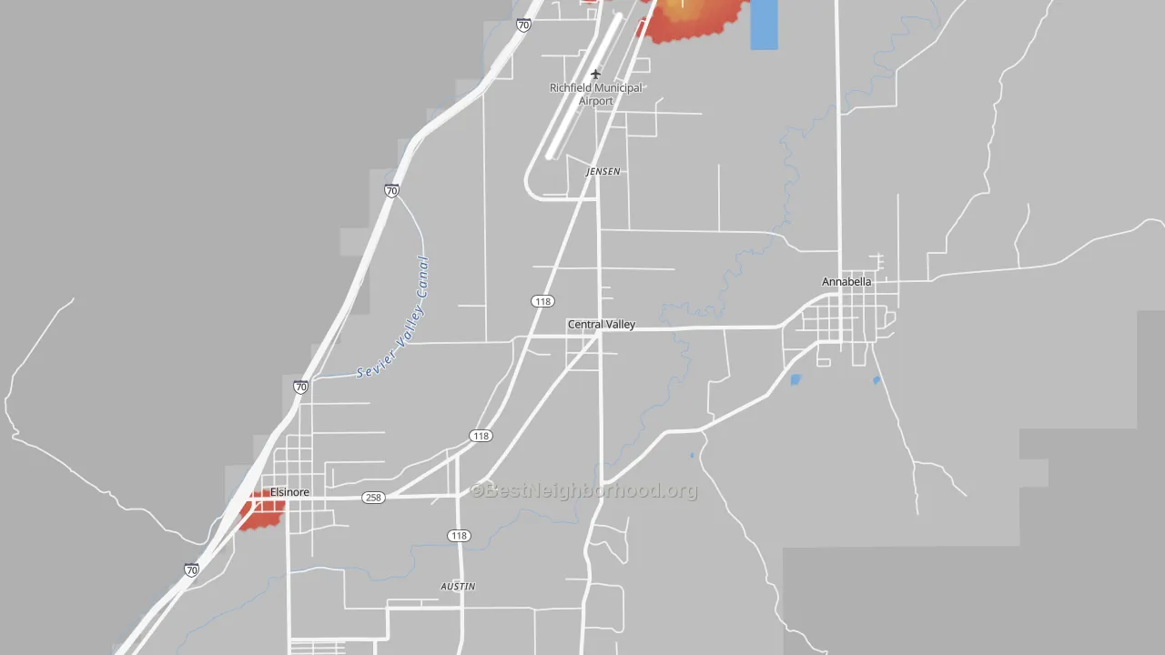Walk Grade map of Central Valley, UT, walkable areas in green and car-dependent areas in red