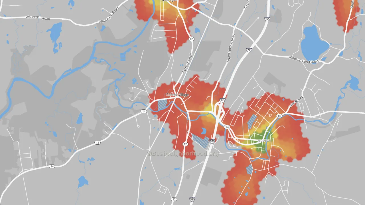 Walk Grade map of Central Village, CT, walkable areas in green and car-dependent areas in red