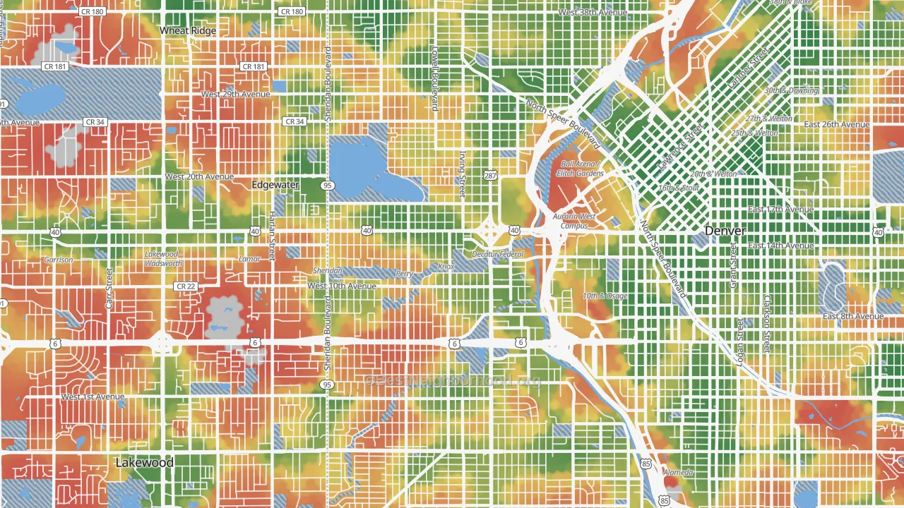 Walk Grade map of Central West Denver, Denver, CO, walkable areas in green and car-dependent areas in red