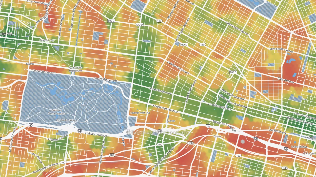 Walk Grade map of Central West End, St. Louis, MO, walkable areas in green and car-dependent areas in red