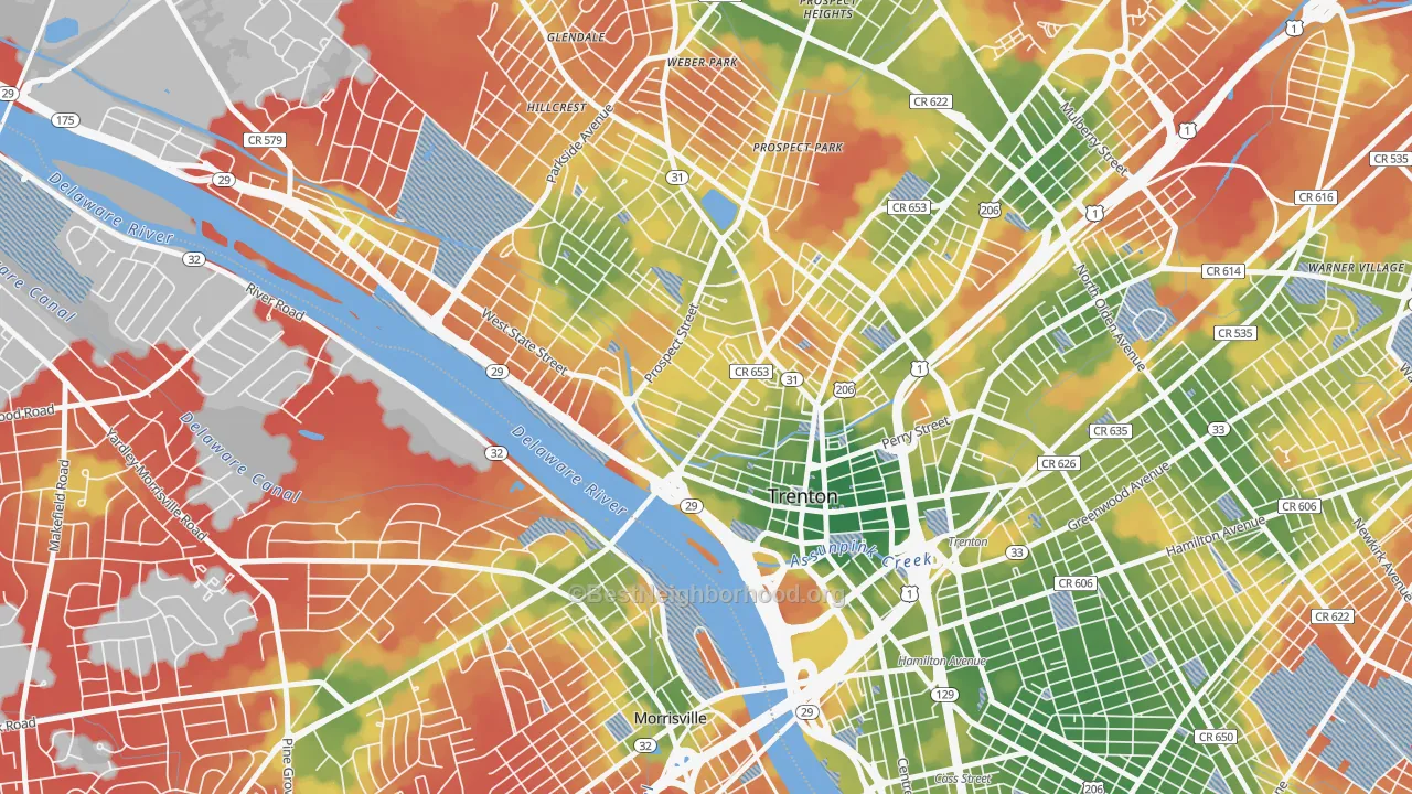 Walk Grade map of Central West, Trenton, NJ, walkable areas in green and car-dependent areas in red