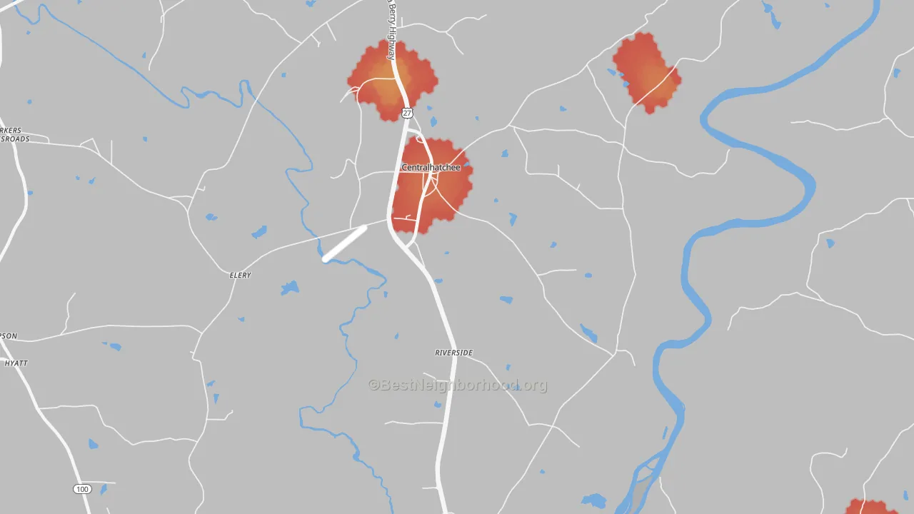 Walk Grade map of Centralhatchee, GA, walkable areas in green and car-dependent areas in red