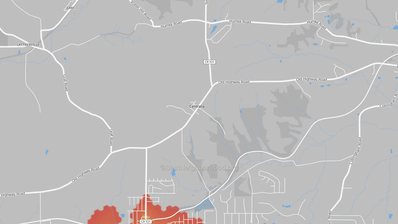 Walk Grade map of Centralia, IA, walkable areas in green and car-dependent areas in red