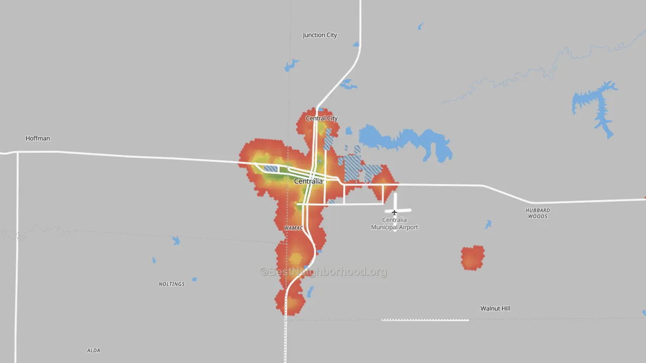 Walk Grade map of Centralia, IL, walkable areas in green and car-dependent areas in red
