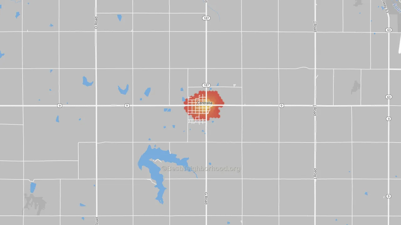 Walk Grade map of Centralia, KS, walkable areas in green and car-dependent areas in red