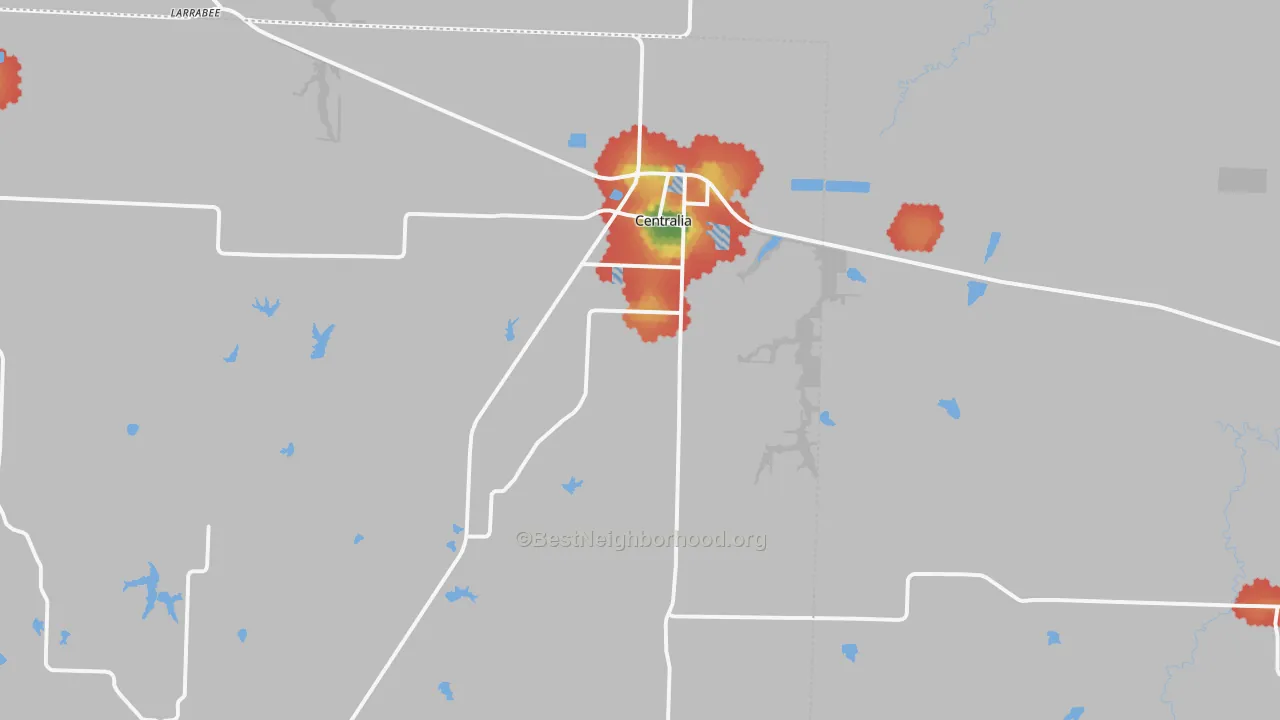Walk Grade map of Centralia, MO, walkable areas in green and car-dependent areas in red