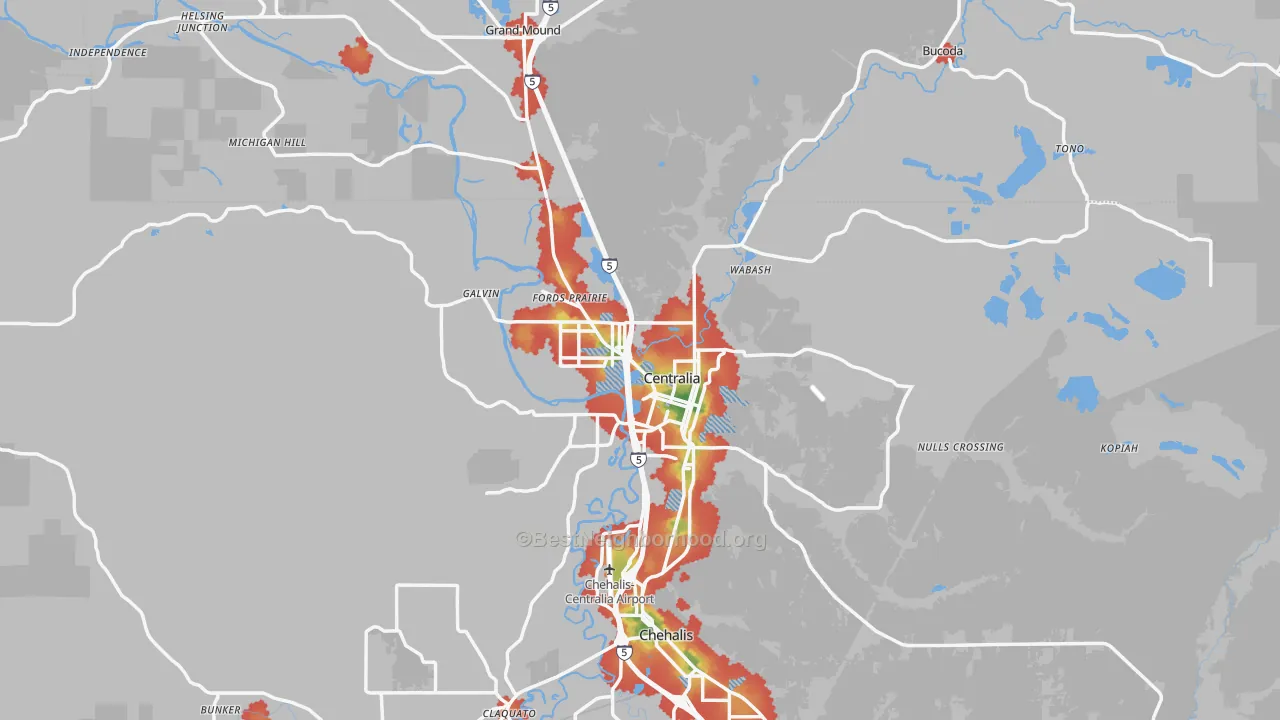 Walk Grade map of Centralia, WA, walkable areas in green and car-dependent areas in red
