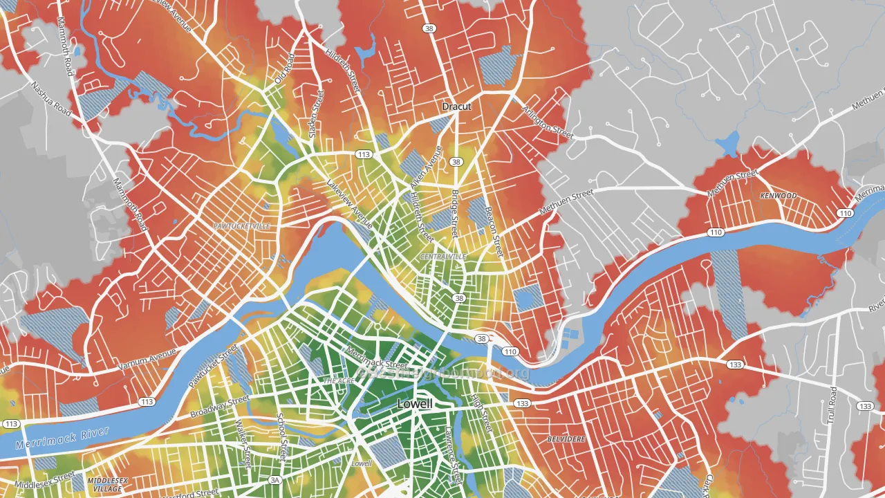 Walk Grade map of Centralville, Lowell, MA, walkable areas in green and car-dependent areas in red