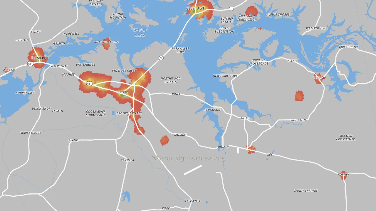 Walk Grade map of Centre, AL, walkable areas in green and car-dependent areas in red