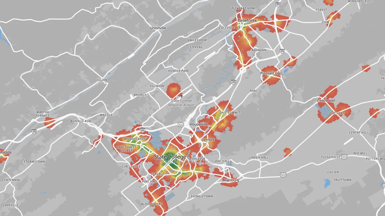 Walk Grade map of Centre County, PA, walkable areas in green and car-dependent areas in red
