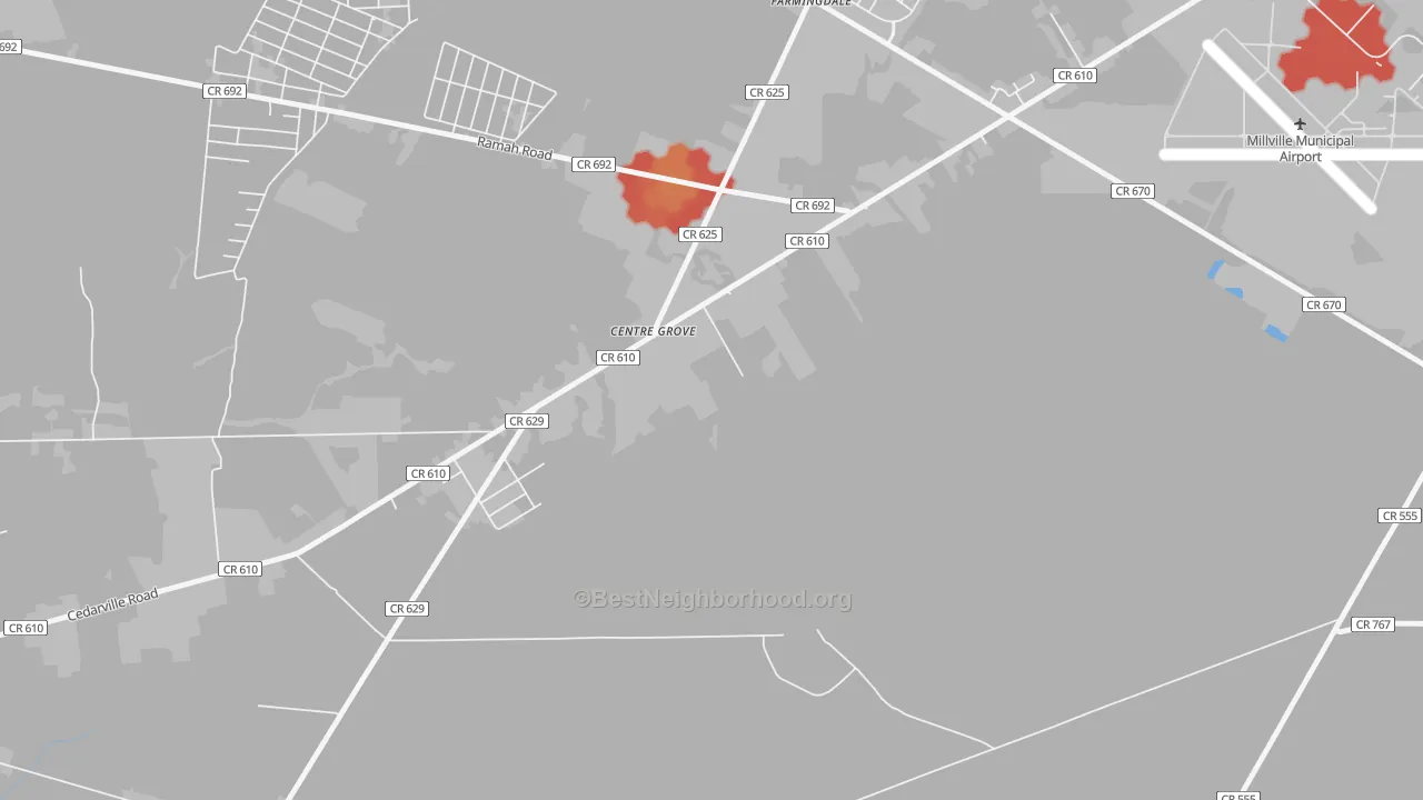 Walk Grade map of Centre Grove, NJ, walkable areas in green and car-dependent areas in red