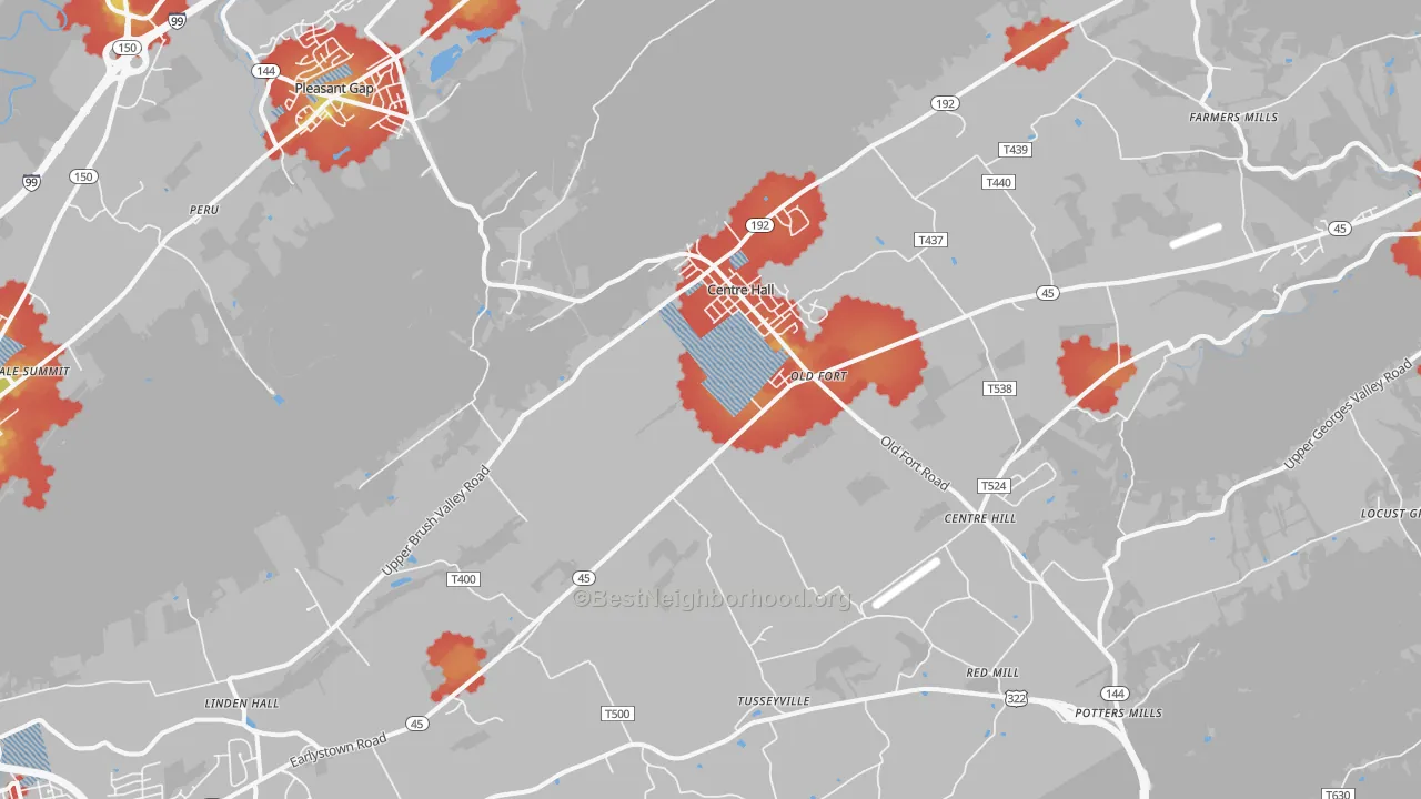 Walk Grade map of Centre Hall, PA, walkable areas in green and car-dependent areas in red