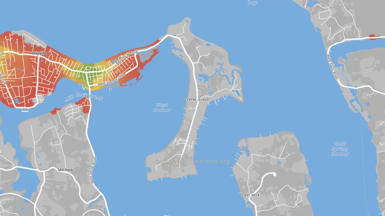 Walk Grade map of Centre Island, NY, walkable areas in green and car-dependent areas in red