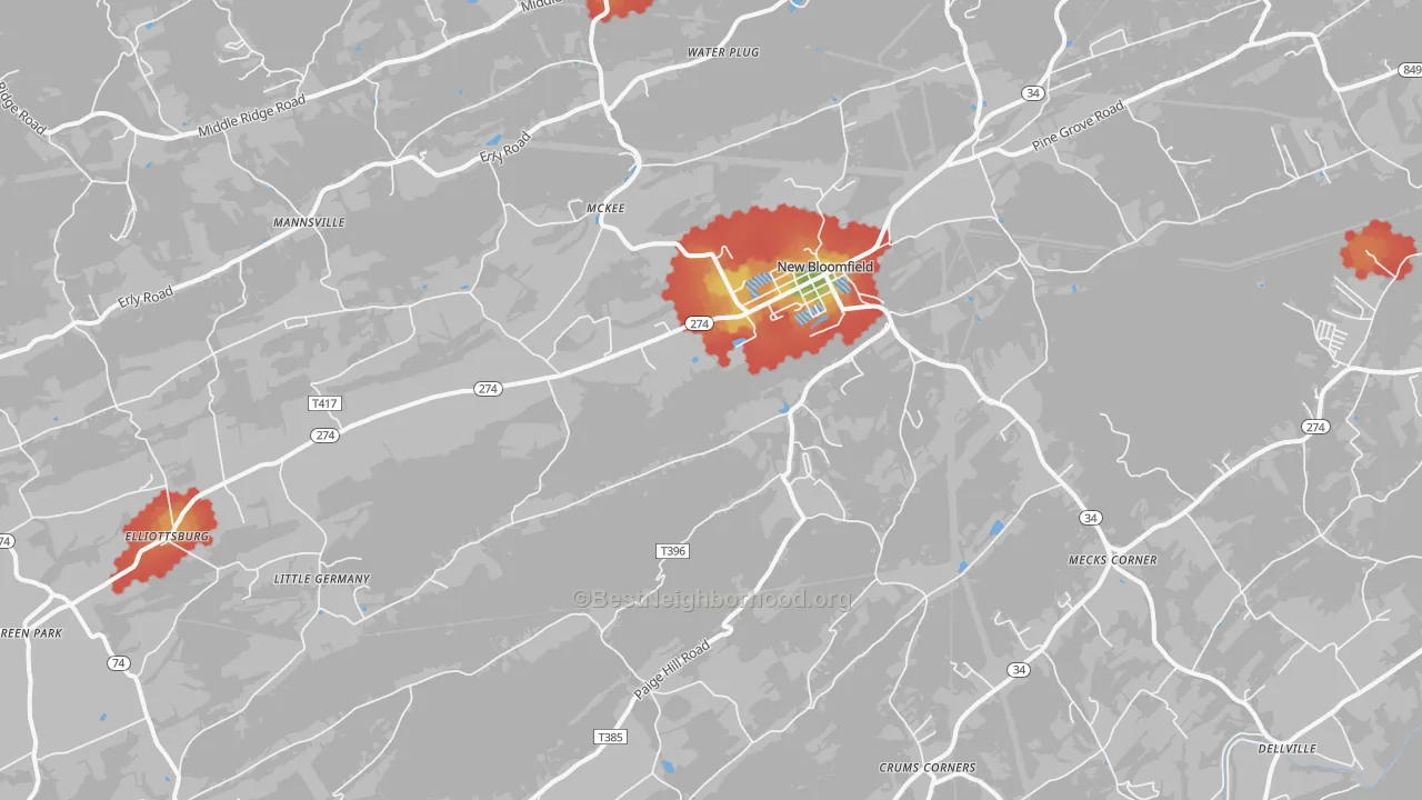 Walk Grade map of Centre, PA, walkable areas in green and car-dependent areas in red