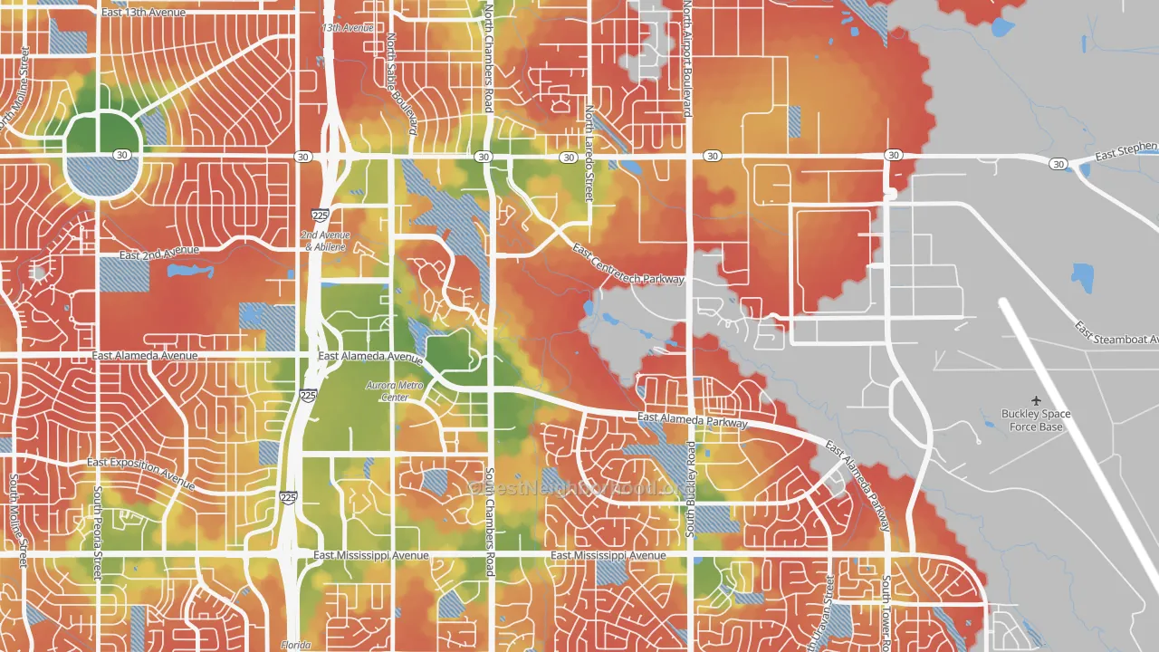 Walk Grade map of Centretech, Aurora, CO, walkable areas in green and car-dependent areas in red