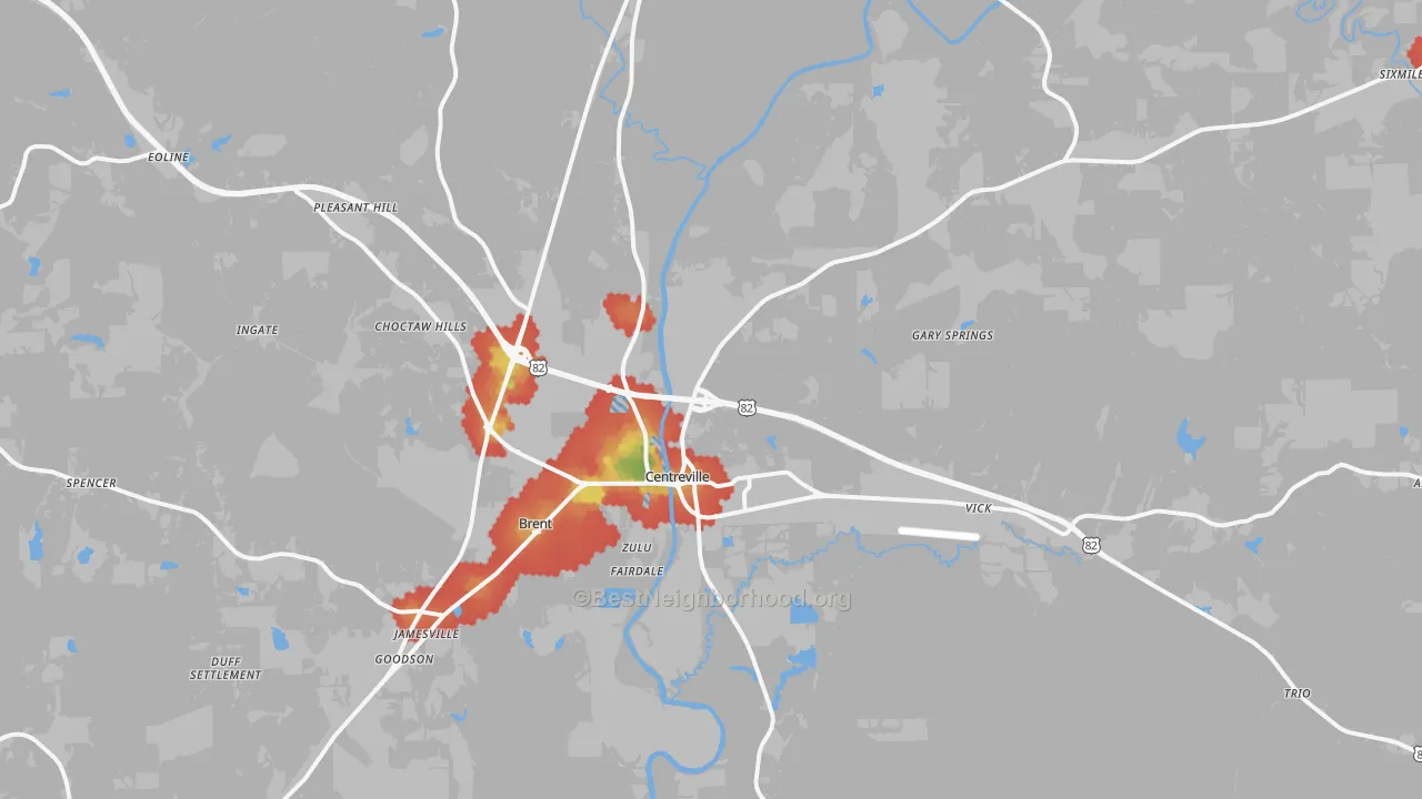 Walk Grade map of Centreville, AL, walkable areas in green and car-dependent areas in red