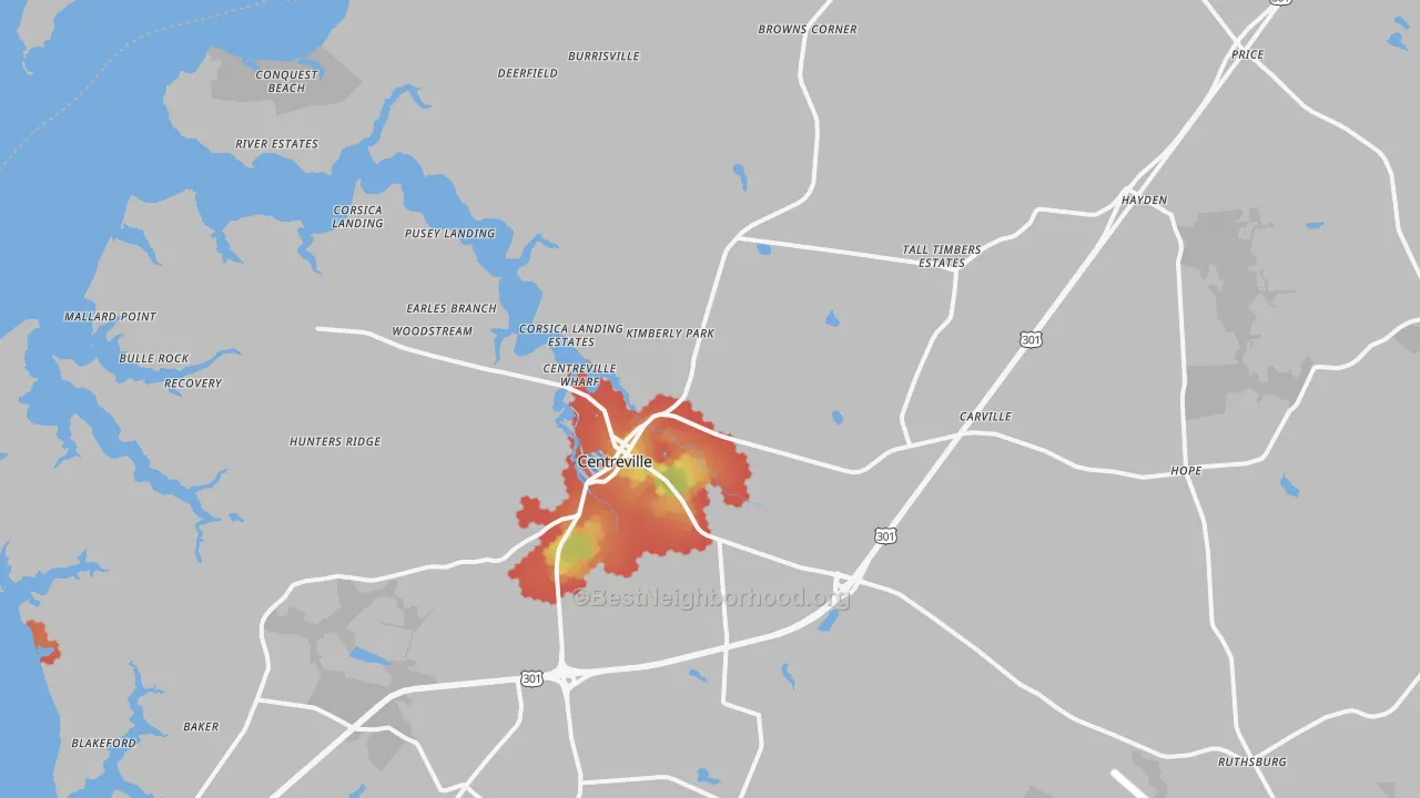 Walk Grade map of Centreville, MD, walkable areas in green and car-dependent areas in red