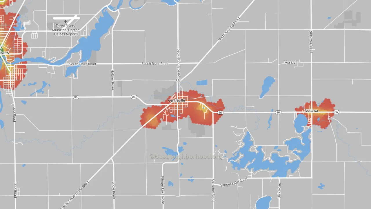 Walk Grade map of Centreville, MI, walkable areas in green and car-dependent areas in red
