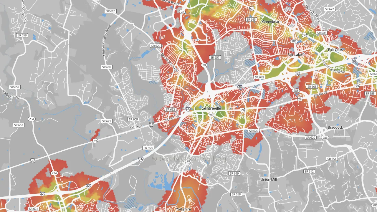 Walk Grade map of Centreville, VA, walkable areas in green and car-dependent areas in red
