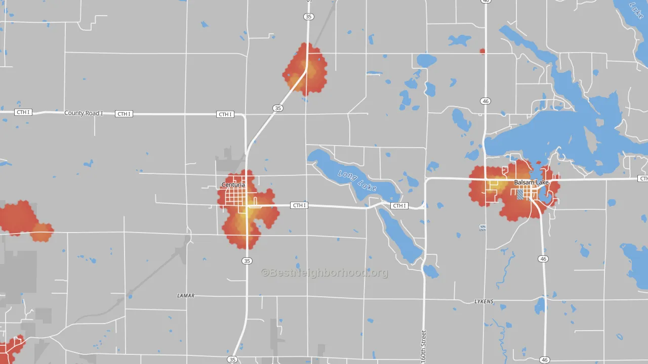 Walk Grade map of Centuria, WI, walkable areas in green and car-dependent areas in red