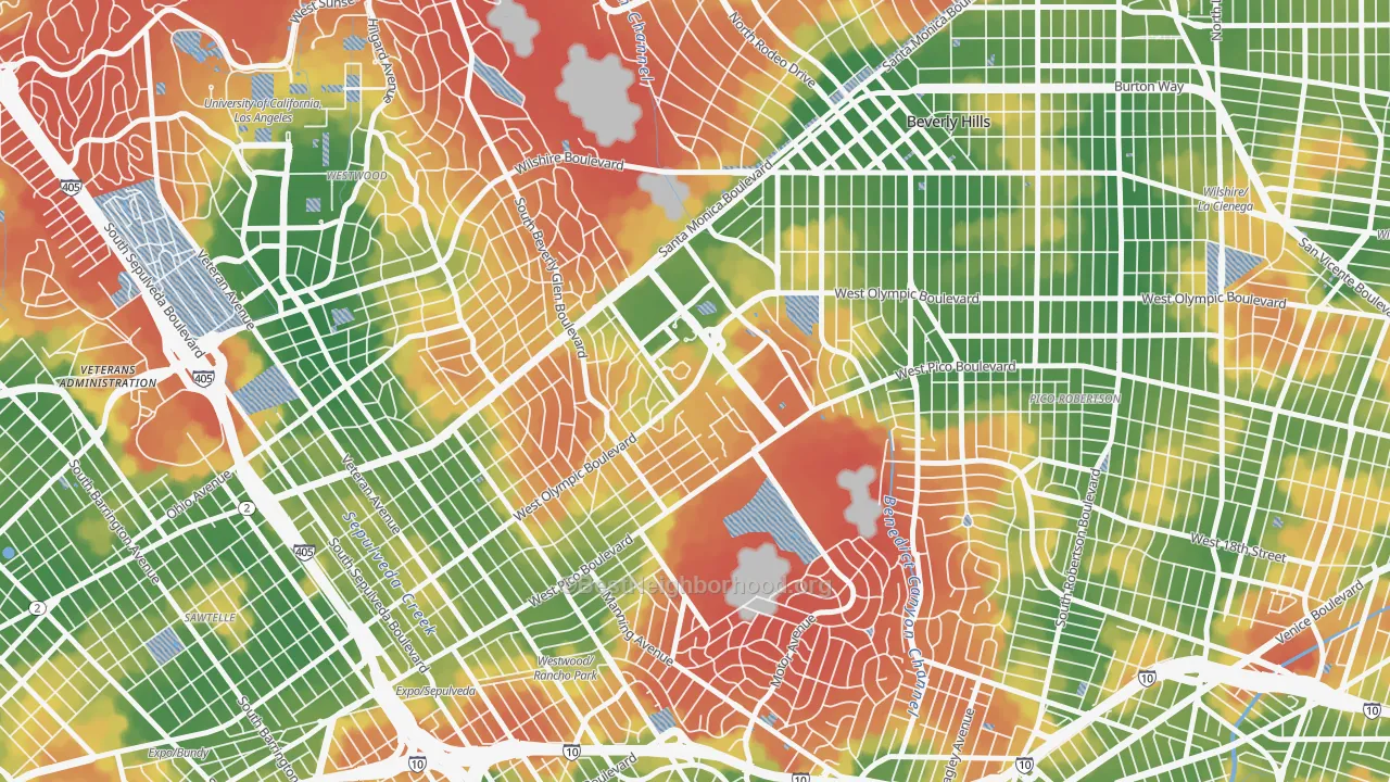 Walk Grade map of Century City, Los Angeles, CA, walkable areas in green and car-dependent areas in red