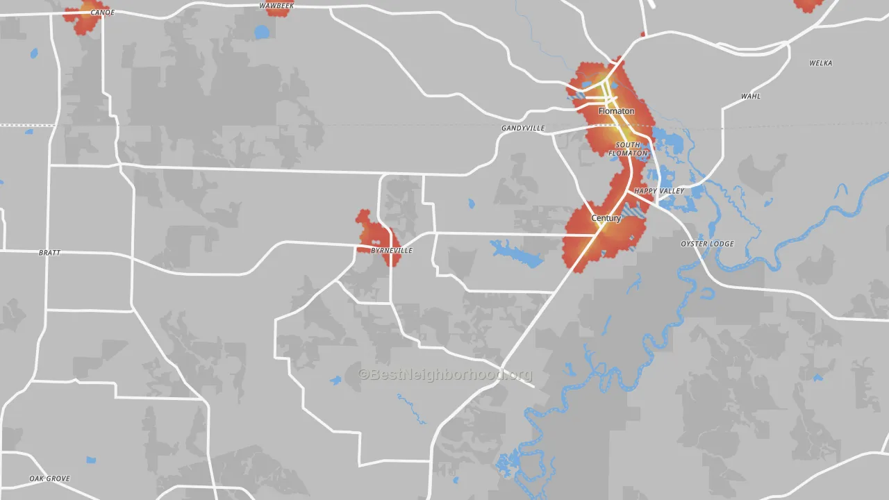 Walk Grade map of Century, FL, walkable areas in green and car-dependent areas in red