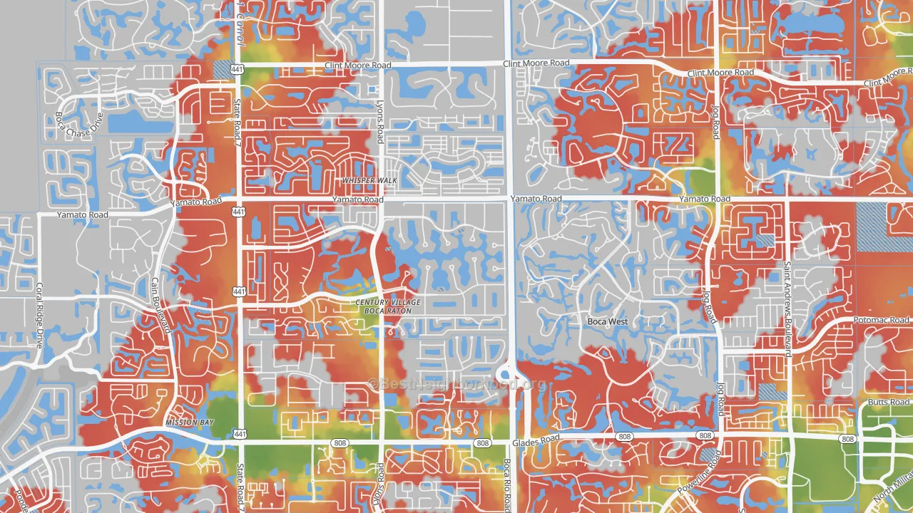 Walk Grade map of Century Village West, Boca Raton, FL, walkable areas in green and car-dependent areas in red