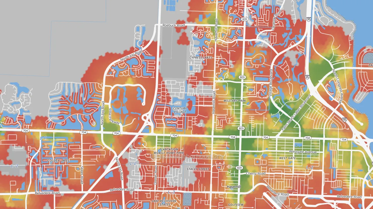 Walk Grade map of Century Village, West Palm Beach, FL, walkable areas in green and car-dependent areas in red