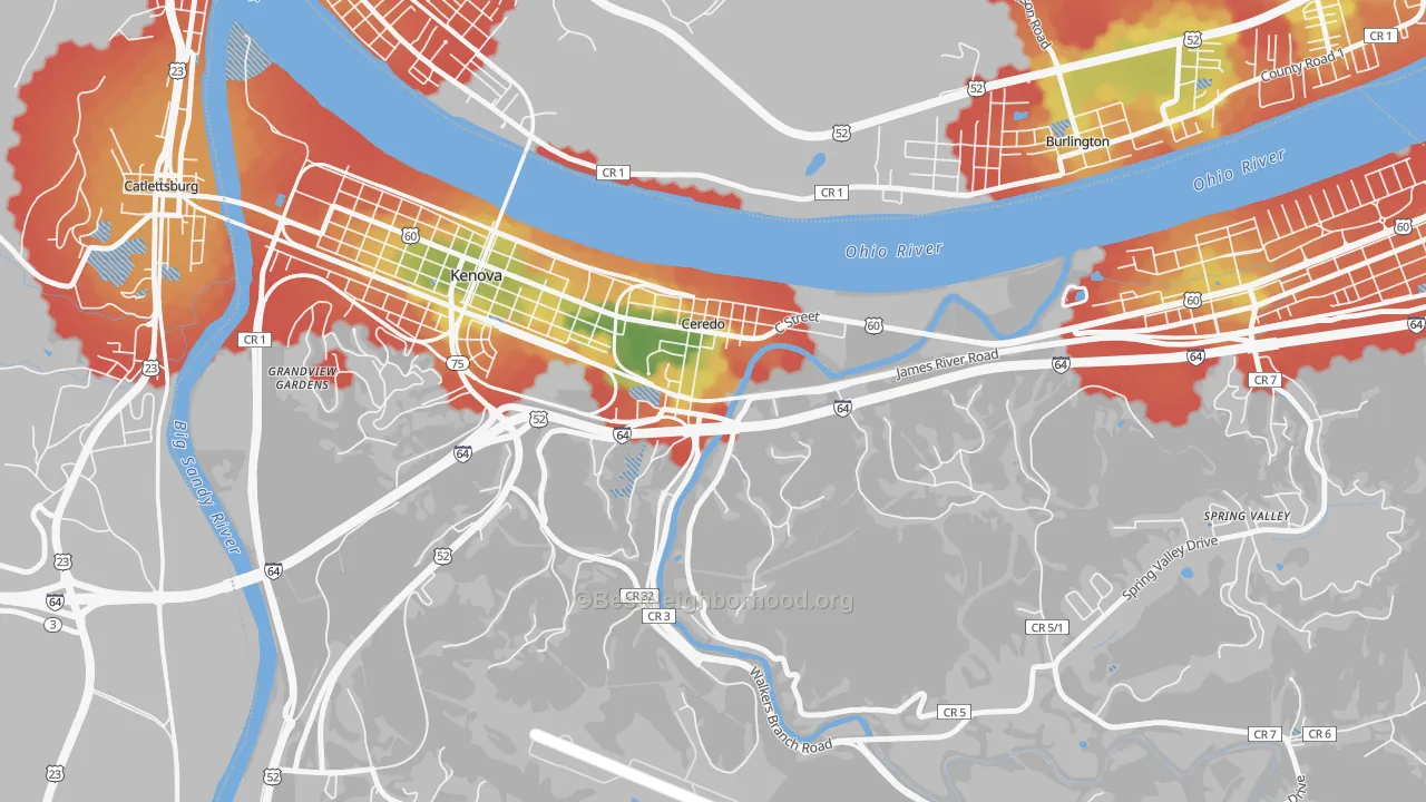 Walk Grade map of Ceredo, WV, walkable areas in green and car-dependent areas in red
