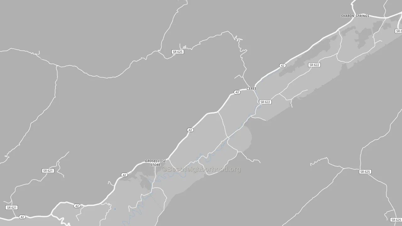 Walk Grade map of Ceres, VA, walkable areas in green and car-dependent areas in red