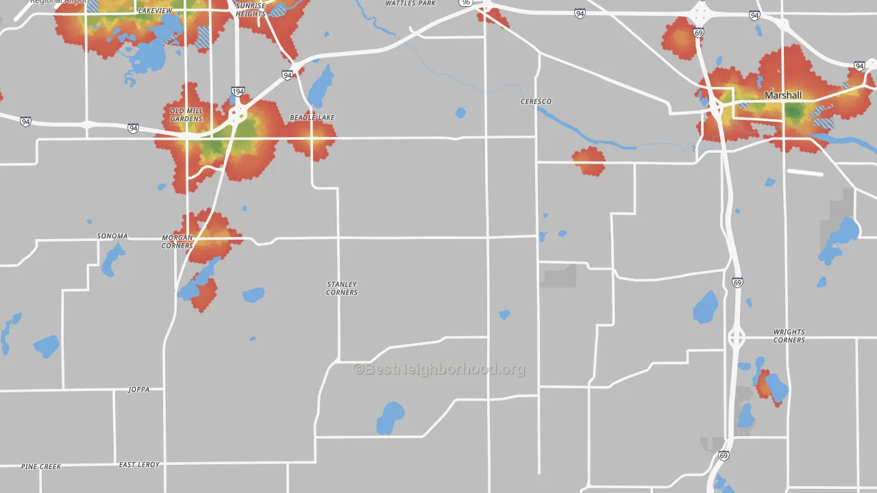 Walk Grade map of Ceresco, MI, walkable areas in green and car-dependent areas in red