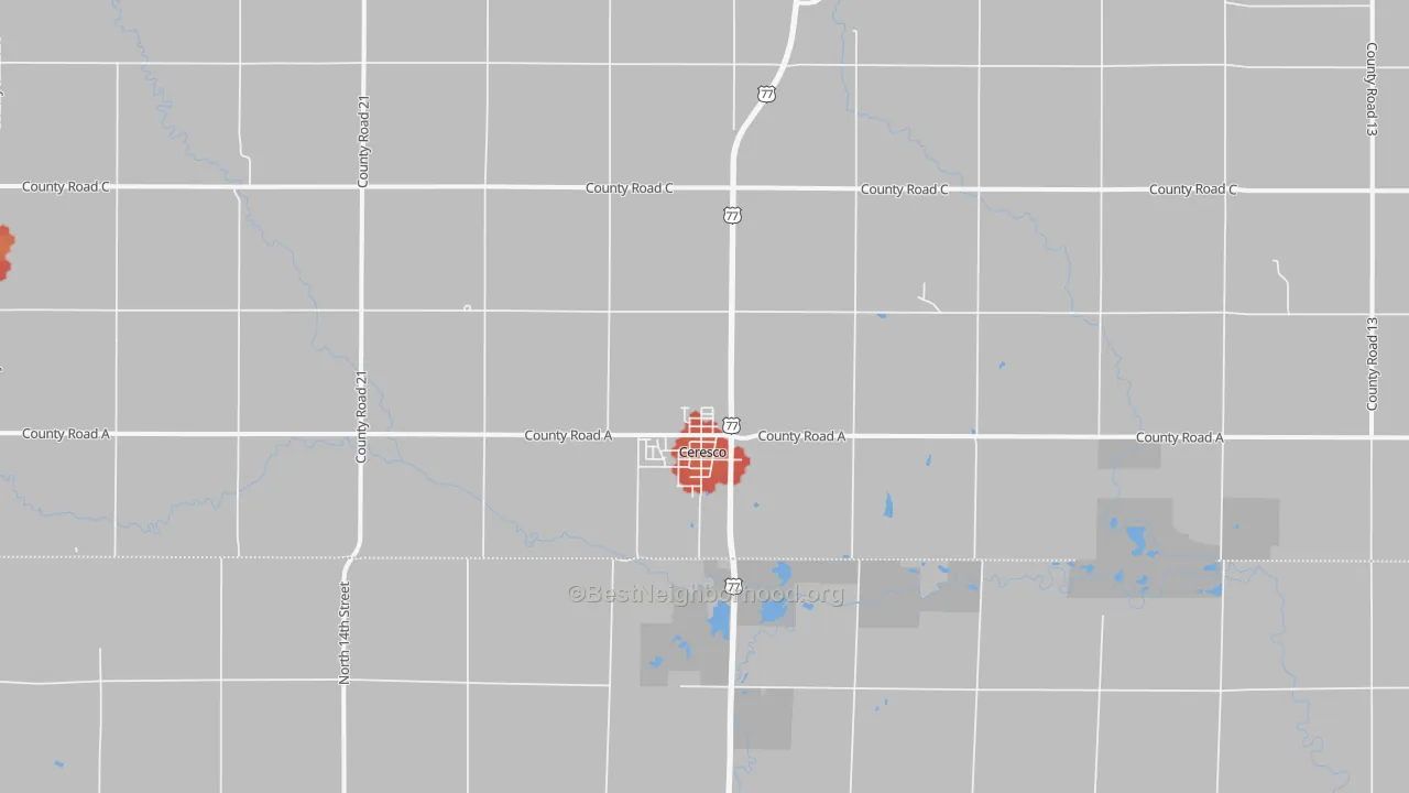 Walk Grade map of Ceresco, NE, walkable areas in green and car-dependent areas in red