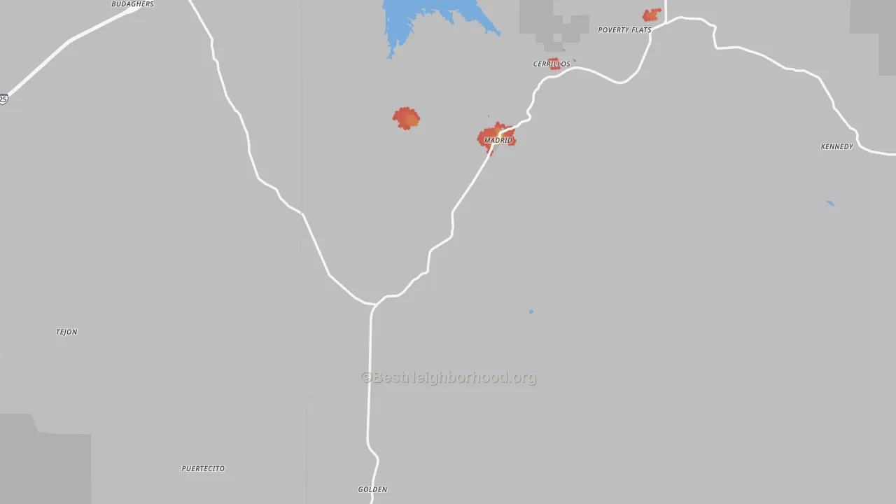 Walk Grade map of Cerrillos, NM, walkable areas in green and car-dependent areas in red